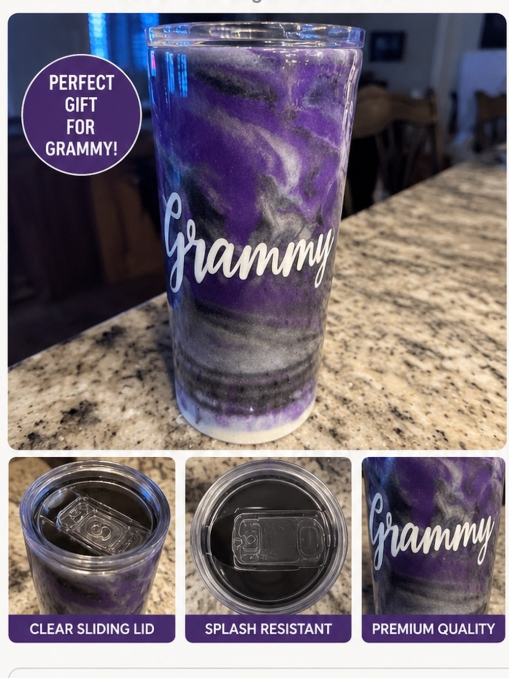 GRAMMY Hand Crafted Purple and Gray Marble Travel Tumbler